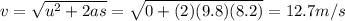 v=\sqrt{u^2+2as}=\sqrt{0+(2)(9.8)(8.2)}=12.7 m/s