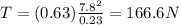 T=(0.63)\frac{7.8^2}{0.23}=166.6 N