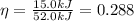 \eta=\frac{15.0 kJ}{52.0 kJ}=0.288
