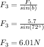 F_3 = \frac{F_1}{sin(b)}\\\\F_3 =\frac{5.7}{sin(72\°)}\\\\F_3 = 6.01 N