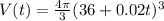 V(t)= \frac{4\pi }{3} (36+0.02t)^{3}