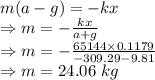 m(a-g)=-kx\\\Rightarrow m=-\frac{kx}{a+g}\\\Rightarrow m=-\frac{65144\times 0.1179}{-309.29-9.81}\\\Rightarrow m=24.06\ kg