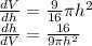 \frac{dV}{dh} =\frac{9}{16} \pi h^2\\\frac{dh}{dV} =\frac{16}{9 \pi h^2}