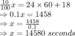 \frac{10}{100}x=24\times 60+18\\\Rightarrow 0.1x=1458\\\Rightarrow x=\frac{1458}{0.1}\\\Rightarrow x=14580\ seconds