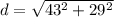 d = \sqrt{43^2 + 29^2}