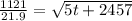 \frac{1121}{21.9} = \sqrt{ 5 t + 2457 }