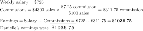\text{Weekly salary} = \$725\\\text{Commissions} = \text{\$4300 sales} \times \dfrac{\text{\$7.25 commission}}{\text{\$100 sales}} = \text{\$311.75 commission}\\\\\text{Earnings} = \text{Salary + Commissions} = \$725 + \$311.75 = \mathbf{\$1036.75}\\\text{Danielle's earnings were $\large \boxed{\mathbf{\$1036.75}}$}