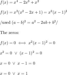 f(x)=x^4-2x^3+x^2\\\\f(x)=x^2(x^2-2x+1)=x^2(x-1)^2\\\\/\text{used}\ (a-b)^2=a^2-2ab+b^2/\\\\\text{The zeros:}\\\\f(x)=0\iff x^2(x-1)^2=0\\\\x^2=0\ \vee\ (x-1)^2=0\\\\x=0\ \vee\ x-1=0\\\\x=0\ \vee\ x=1