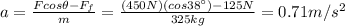 a=\frac{F cos \theta - F_f}{m}=\frac{(450 N)(cos 38^{\circ})-125 N}{325 kg}=0.71 m/s^2