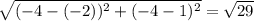 \sqrt{(-4-(-2))^{2}+(-4-1)^{2}  } =\sqrt{29}