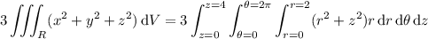 \displaystyle3\iiint_R(x^2+y^2+z^2)\,\mathrm dV=3\int_{z=0}^{z=4}\int_{\theta=0}^{\theta=2\pi}\int_{r=0}^{r=2}(r^2+z^2)r\,\mathrm dr\,\mathrm d\theta\,\mathrm dz