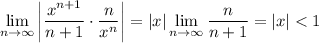 \displaystyle\lim_{n\to\infty}\left|\frac{x^{n+1}}{n+1}\cdot\frac n{x^n}\right|=|x|\lim_{n\to\infty}\frac n{n+1}=|x|