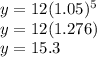 y = 12(1.05)^5\\y = 12(1.276)\\y= 15.3