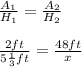 \frac{A_1}{H_1} =\frac{A_2}{H_2}\\\\\frac{2ft}{5\frac{1}{3}ft } =\frac{48ft}{x}