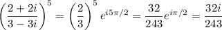 \left(\dfrac{2+2i}{3-3i}\right)^5=\left(\dfrac23\right)^5e^{i5\pi/2}=\dfrac{32}{243}e^{i\pi/2}=\dfrac{32i}{243}