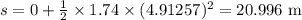 s=0+\frac{1}{2} \times 1.74 \times (4.91257)^{2}=20.996 \textrm{ m}