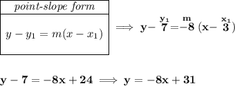 \bf \begin{array}{|c|ll} \cline{1-1} \textit{point-slope form}\\ \cline{1-1} \\ y-y_1=m(x-x_1) \\\\ \cline{1-1} \end{array}\implies y-\stackrel{y_1}{7}=\stackrel{m}{-8}(x-\stackrel{x_1}{3}) \\\\\\ y-7=-8x+24\implies y=-8x+31