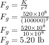 F_{g}=\frac{K}{r^{2}}\\F_{g}=\frac{520\times 10^{8}}{(100000)^{2}}\\F_{g}=\frac{520\times 10^{8}}{10\times 10^{8}}\\F_{g}=5.20 \textrm{ lb}