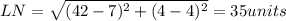 LN=\sqrt {(42-7)^{2}+(4-4)^{2}}=35 units