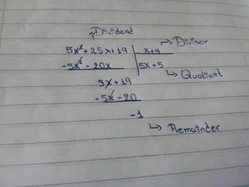 Divide.(5x² +25x +19) = (x +4)your answer should give the quotient and the remainder.quotient: remai
