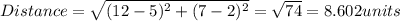 Distance = \sqrt{(12-5)^2+(7-2)^2}=\sqrt{74} = 8.602 units