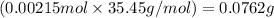 (0.00215mol\times 35.45g/mol)=0.0762g
