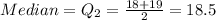 Median=Q_2=\frac{18+19}{2}=18.5