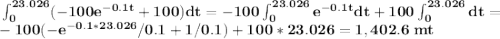 \bf \int_{0}^{23.026}(-100e^{-0.1t}+100)dt=-100\int_{0}^{23.026}e^{-0.1t}dt+100\int_{0}^{23.026}dt=\\-100(-e^{-0.1*23.026}/0.1+1/0.1)+100*23.026=1,402.6\;mt