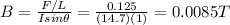 B=\frac{F/L}{I sin \theta}=\frac{0.125}{(14.7)(1)}=0.0085 T