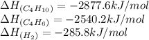 \Delta H_{(C_4H_{10})}=-2877.6kJ/mol\\\Delta H_{(C_4H_6)}=-2540.2kJ/mol\\\Delta H_{(H_2)}=-285.8kJ/mol