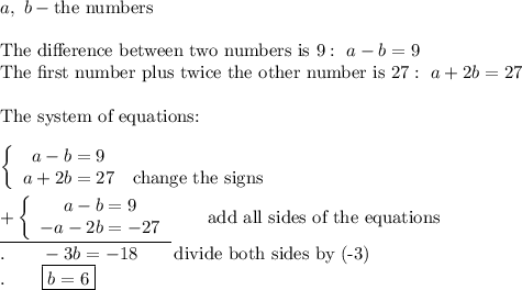 a,\ b-\text{the numbers}\\\\\text{The difference between two numbers is 9}:\ a-b=9\\\text{The first number plus twice the other number is 27}:\ a+2b=27\\\\\text{The system of equations:}\\\\\left\{\begin{array}{ccc}a-b=9\\a+2b=27&\text{change the signs}\end{array}\right\\\\\underline{+\left\{\begin{array}{ccc}a-b=9\\-a-2b=-27\end{array}\right}\qquad\text{add all sides of the equations}\\.\qquad-3b=-18\qquad\text{divide both sides by (-3)}\\.\qquad\boxed{b=6}