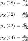 p_{X}(28)=\frac{28}{146} \\\\p_{X}(32)=\frac{32}{146} \\\\p_{X}(42)=\frac{42}{146} \\\\p_{X}(44)=\frac{44}{146}