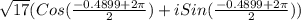 \sqrt{17}(Cos(\frac{-0.4899+2\pi}{2}) + i Sin(\frac{-0.4899+2\pi}{2}))