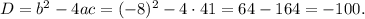 D=b^2-4ac=(-8)^2-4\cdot 41=64-164=-100.
