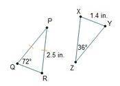 Triangles q r p and x y z are congruent. angle p q r is 72 degrees. the lengths of sides a p and p r