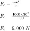 F_c = \frac{mv^2}{r} \\\\F_c = \frac{1000 \times 30^2 }{100} \\\\F_c = 9,000  \ N