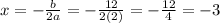 x=-\frac{b}{2a}=-\frac{12}{2(2)}=-\frac{12}{4}=-3