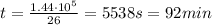 t=\frac{1.44\cdot 10^5}{26}=5538 s=92 min