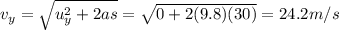 v_y = \sqrt{u_y^2+2as}=\sqrt{0+2(9.8)(30)}=24.2 m/s
