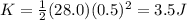 K=\frac{1}{2}(28.0)(0.5)^2=3.5 J
