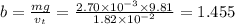 b=\frac{mg}{v_t}=\frac{2.70\times 10^{-3}\times 9.81}{1.82\times 10^{-2}}=1.455