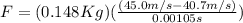 F = (0.148Kg)(\frac{(45.0m/s - 40.7m/s)}{0.00105s})