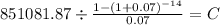 851081.87 \div \frac{1-(1+0.07)^{-14} }{0.07} = C\\
