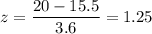 z=\dfrac{20-15.5}{3.6}=1.25