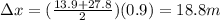 \Delta x = (\frac{13.9+27.8}{2})(0.9)=18.8 m