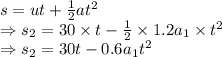 s=ut+\frac{1}{2}at^2\\\Rightarrow s_2=30\times t-\frac{1}{2}\times 1.2a_1\times t^2\\\Rightarrow s_2=30t-0.6a_1t^2