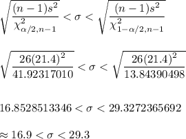 \sqrt{\dfrac{(n-1) s^2}{\chi^2_{\alpha/2, n-1}}}< \sigma
