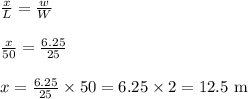 \frac{x}{L}=\frac{w}{W}\\\\\frac{x}{50}=\frac{6.25}{25}\\\\x=\frac{6.25}{25}\times 50=6.25\times 2=12.5\textrm{ m}