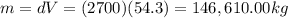 m=dV=(2700)(54.3)=146,610.00 kg