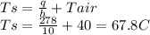 Ts=\frac{q}{h} + Tair\\Ts=\frac{278}{10}+40=67.8C